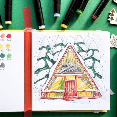 Как нарисовать зимний домик в лесу гуашью