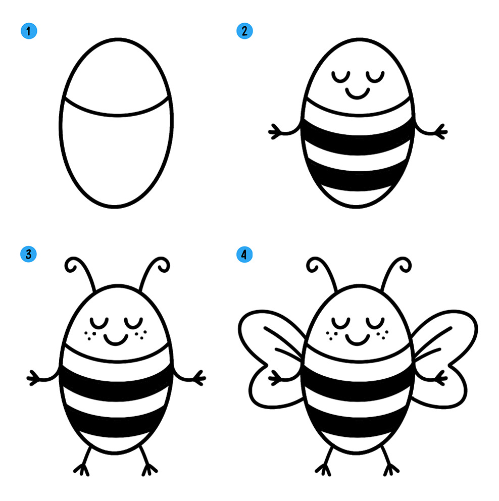Как нарисовать мультяшную пчелку пошагово – Рисуем пчелу для детей поэтапно