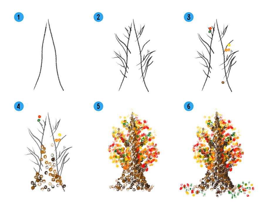 Поэтапное рисование деревьев и листьев